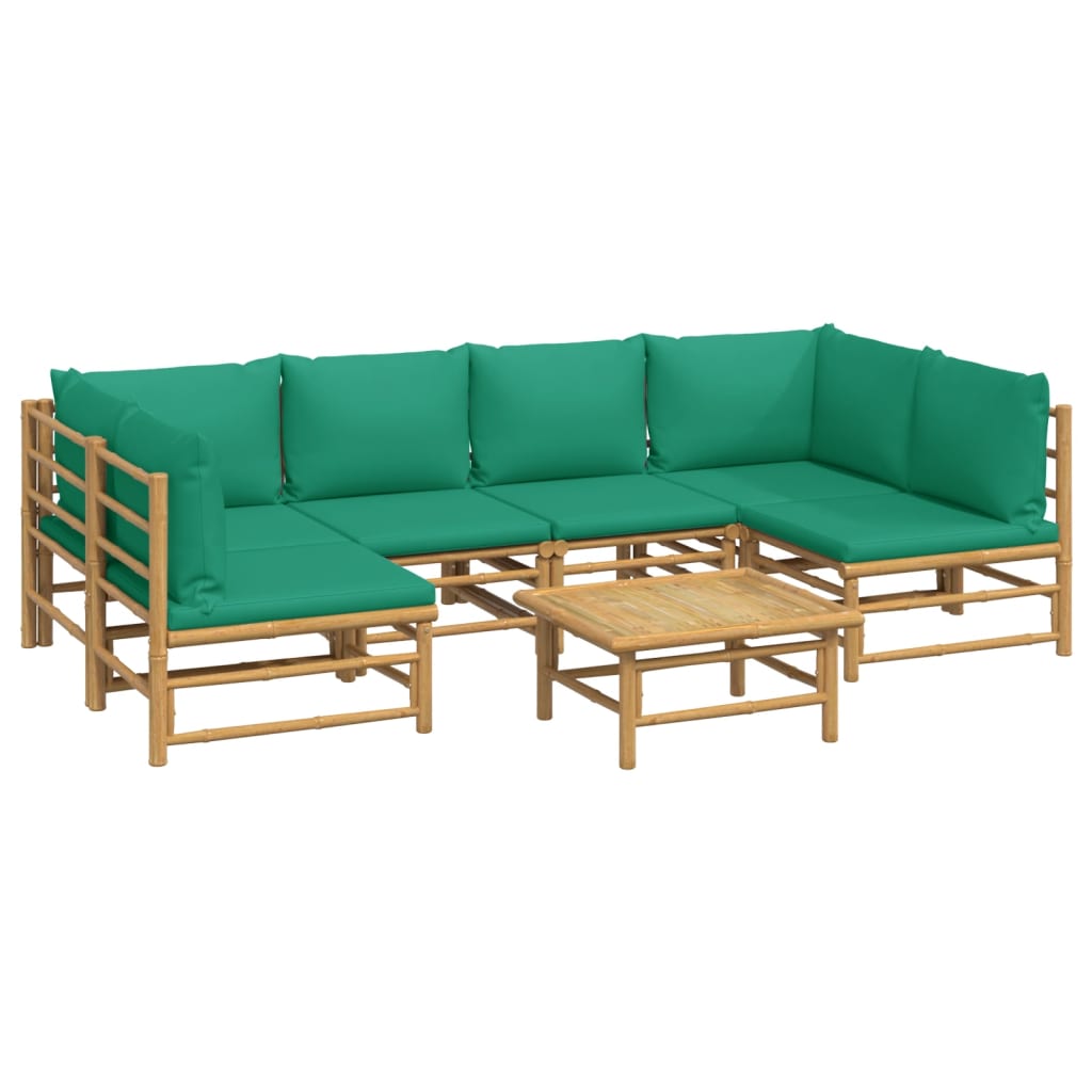 7 pcs conjunto lounge de jardim bambu c/ almofadões verdes