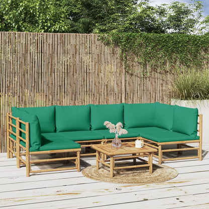 7 pcs conjunto lounge de jardim bambu c/ almofadões verdes