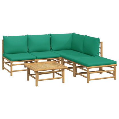 6 pcs conjunto lounge de jardim bambu c/ almofadões verdes