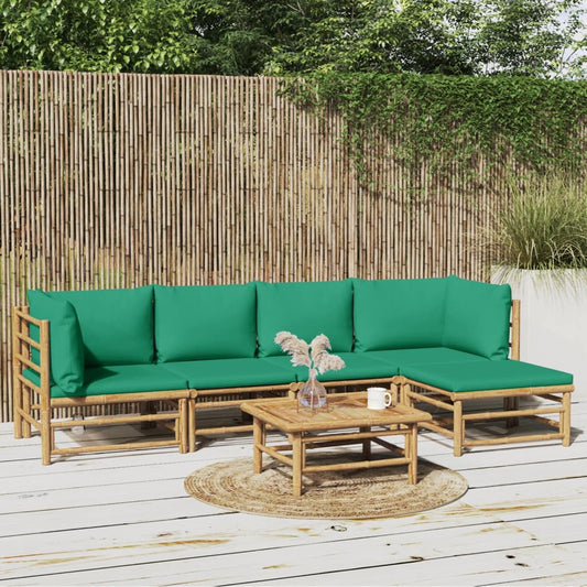 6 pcs conjunto lounge de jardim bambu c/ almofadões verdes