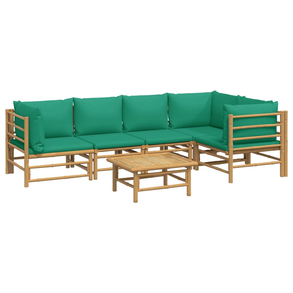 6 pcs conjunto lounge de jardim bambu c/ almofadões verdes