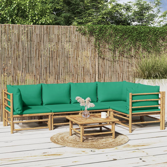 6 pcs conjunto lounge de jardim bambu c/ almofadões verdes