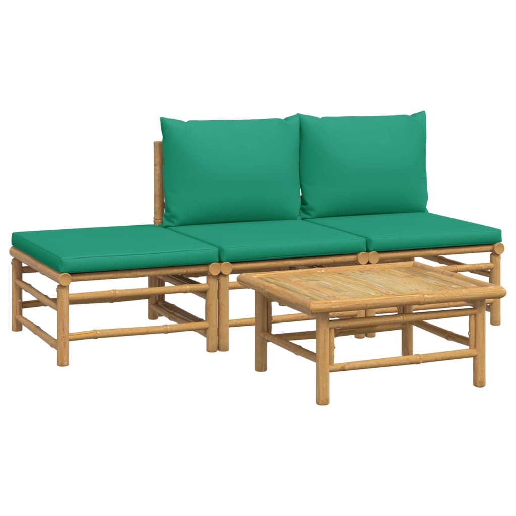 4 pcs conjunto lounge de jardim bambu c/ almofadões verdes