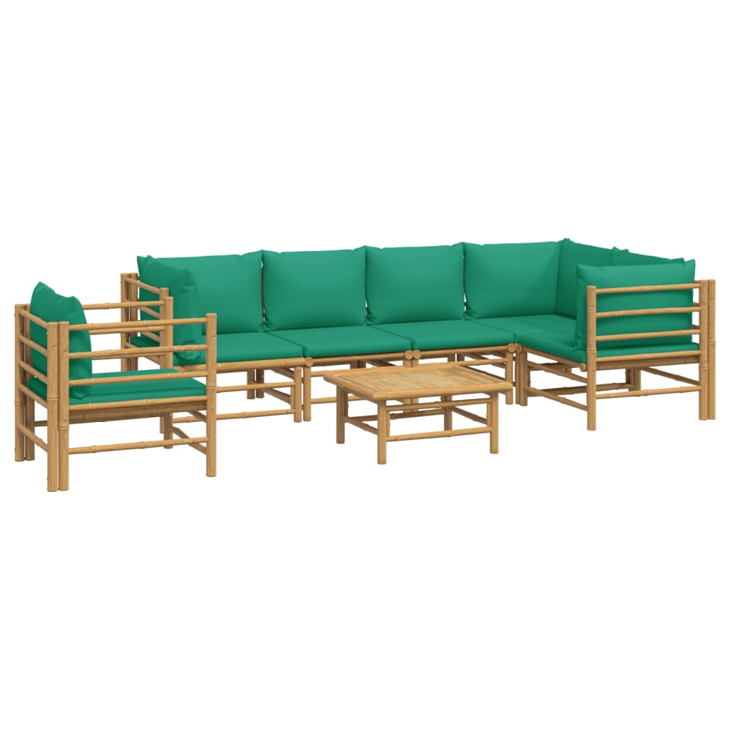 7 pcs conjunto lounge de jardim bambu c/ almofadões verdes