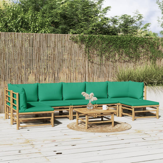 8 pcs conjunto lounge de jardim bambu c/ almofadões verdes