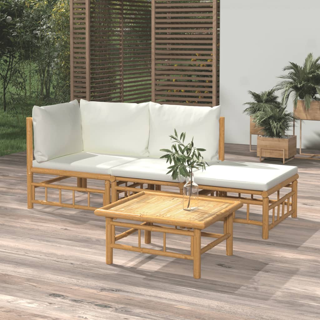 4 pcs conjunto lounge de jardim bambu c/ almofadões branco nata