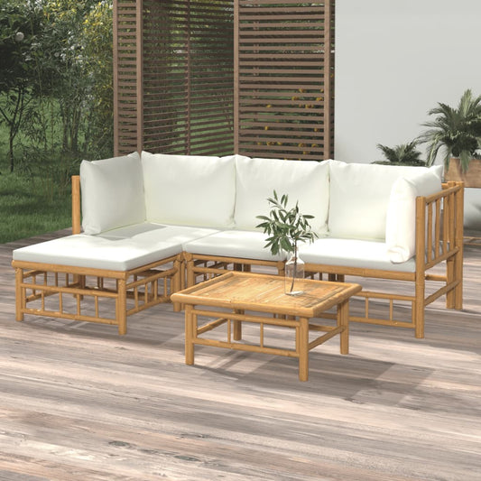 5 pcs conjunto lounge de jardim bambu c/ almofadões branco nata