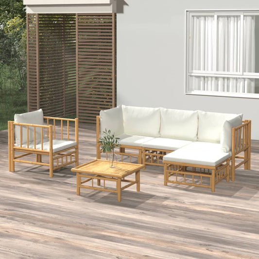 6 pcs conjunto lounge de jardim bambu c/ almofadões branco nata