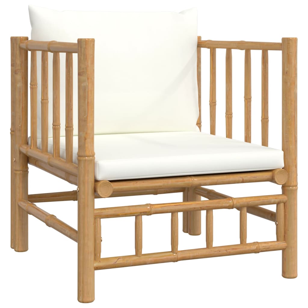 5 pcs conjunto lounge de jardim bambu c/ almofadões branco nata