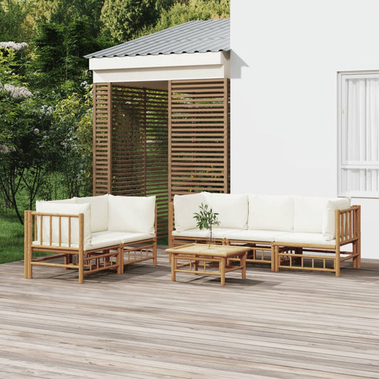 6 pcs conjunto lounge de jardim bambu c/ almofadões branco nata