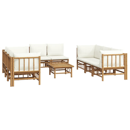 9 pcs conjunto lounge de jardim bambu c/ almofadões branco nata