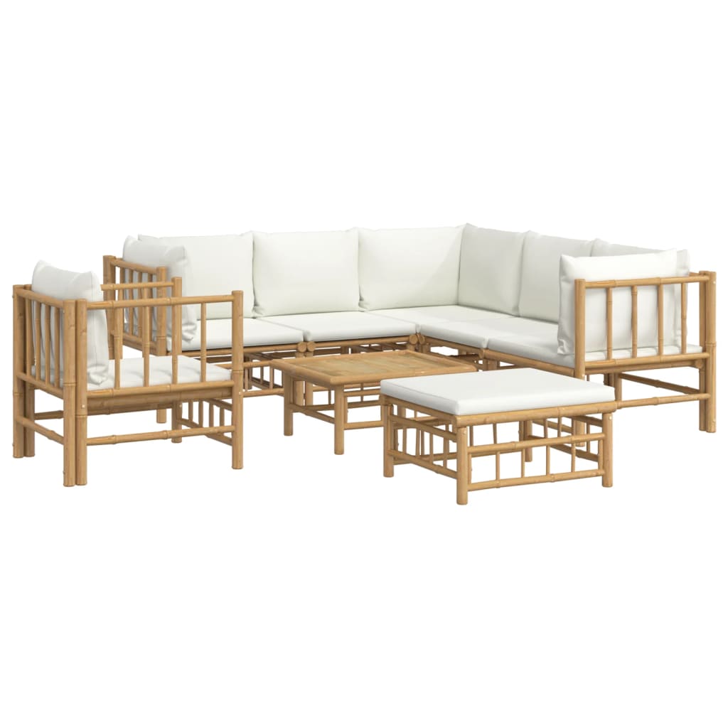 8 pcs conjunto lounge de jardim bambu c/ almofadões branco nata