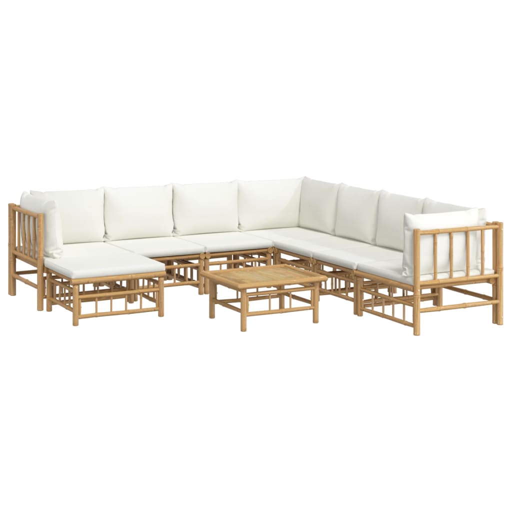 9 pcs conjunto lounge de jardim bambu c/ almofadões branco nata