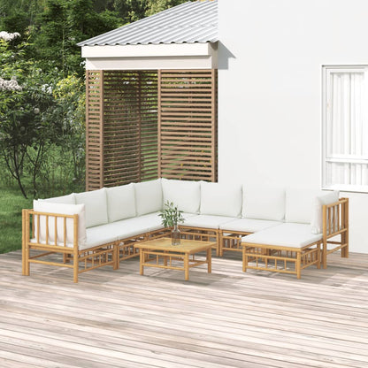 9 pcs conjunto lounge de jardim bambu c/ almofadões branco nata