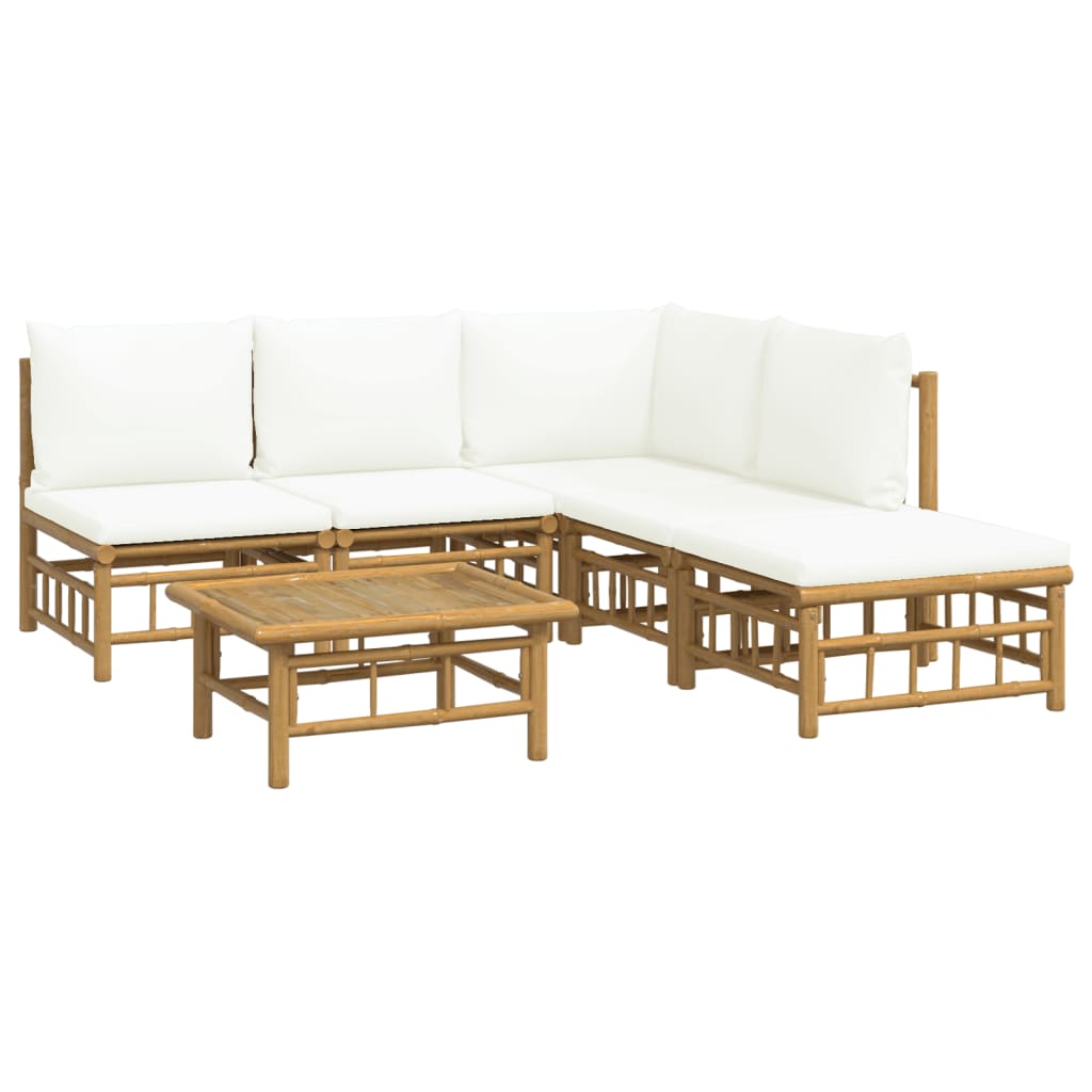 6 pcs conjunto lounge de jardim bambu c/ almofadões branco nata