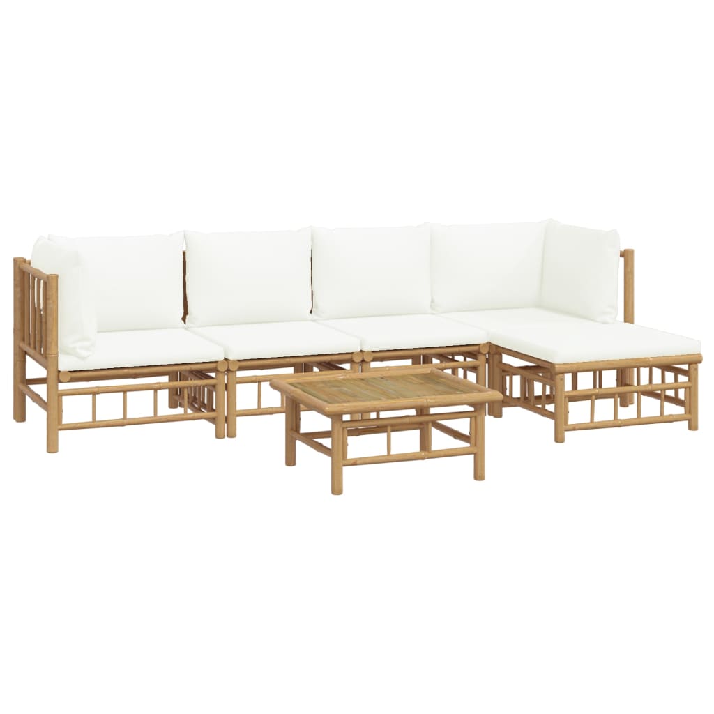 6 pcs conjunto lounge de jardim bambu c/ almofadões branco nata