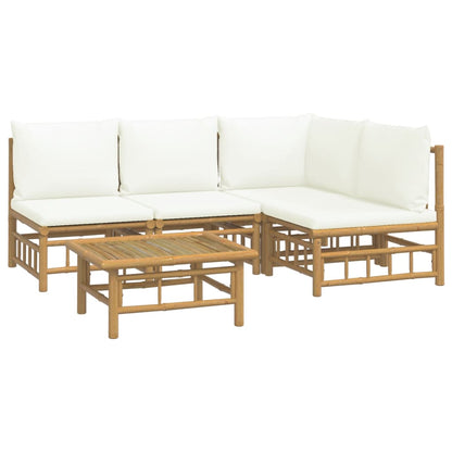 5 pcs conjunto lounge de jardim bambu c/ almofadões branco nata