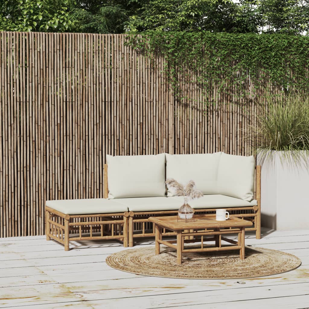 3 pcs conjunto lounge de jardim bambu c/ almofadões branco nata