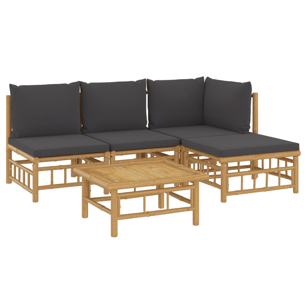 5 pcs conjunto lounge jardim bambu c/ almofadões cinza-escuro