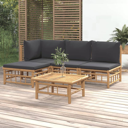 5 pcs conjunto lounge jardim bambu c/ almofadões cinza-escuro