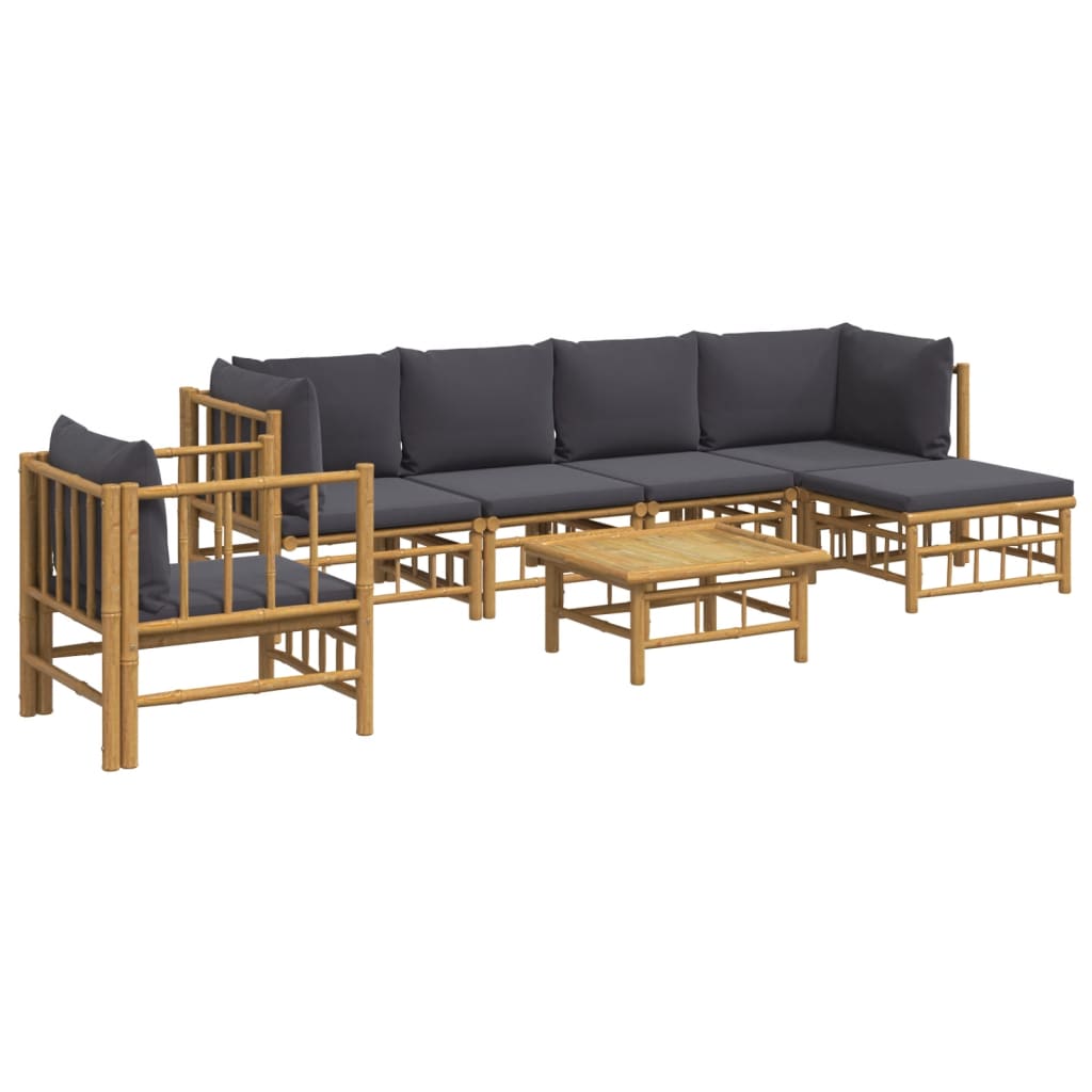 7pcs conj. lounge de jardim bambu c/ almofadões cinzento-escuro