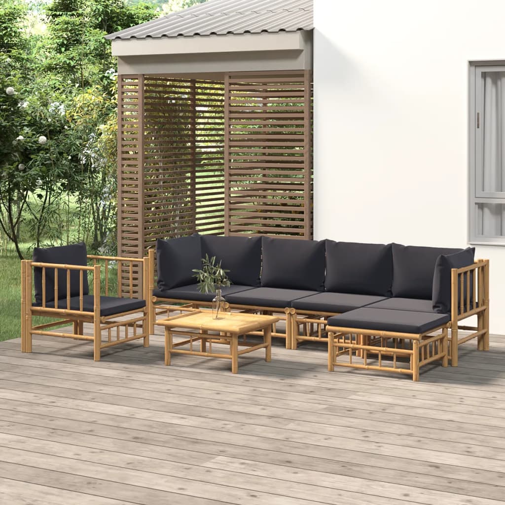 7pcs conj. lounge de jardim bambu c/ almofadões cinzento-escuro