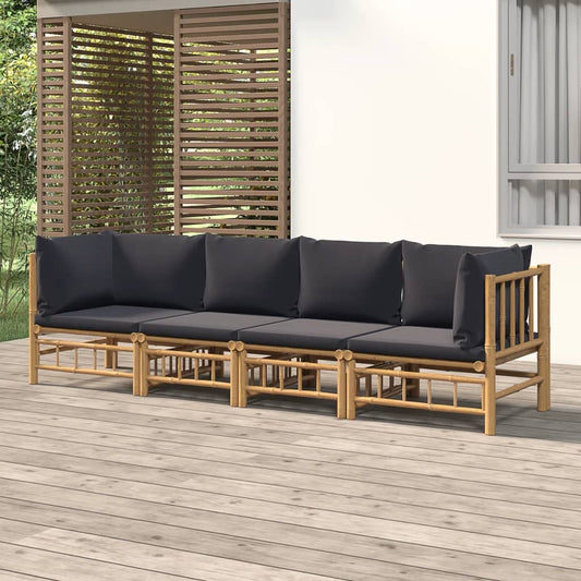 4pcs conj. lounge de jardim bambu c/ almofadões cinzento-escuro