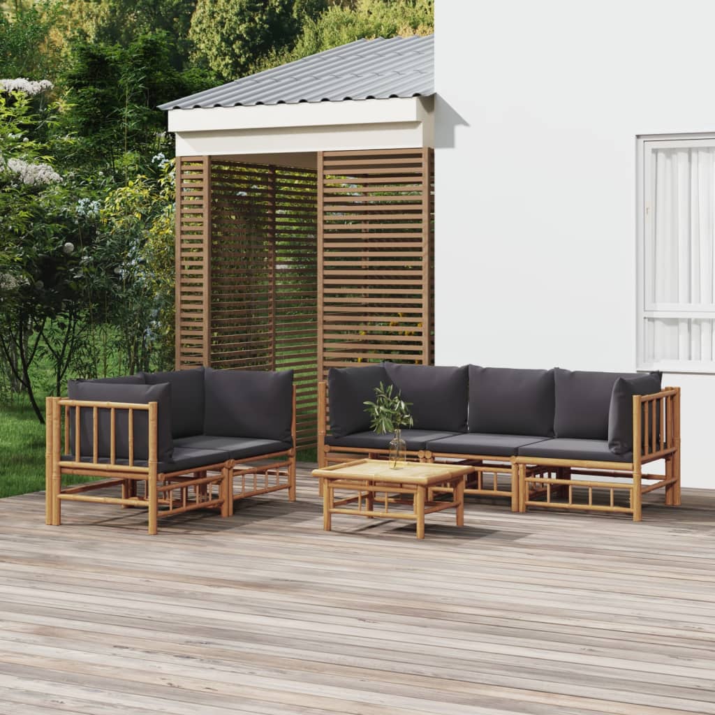 6 pcs conjunto lounge jardim bambu c/ almofadões cinza-escuro