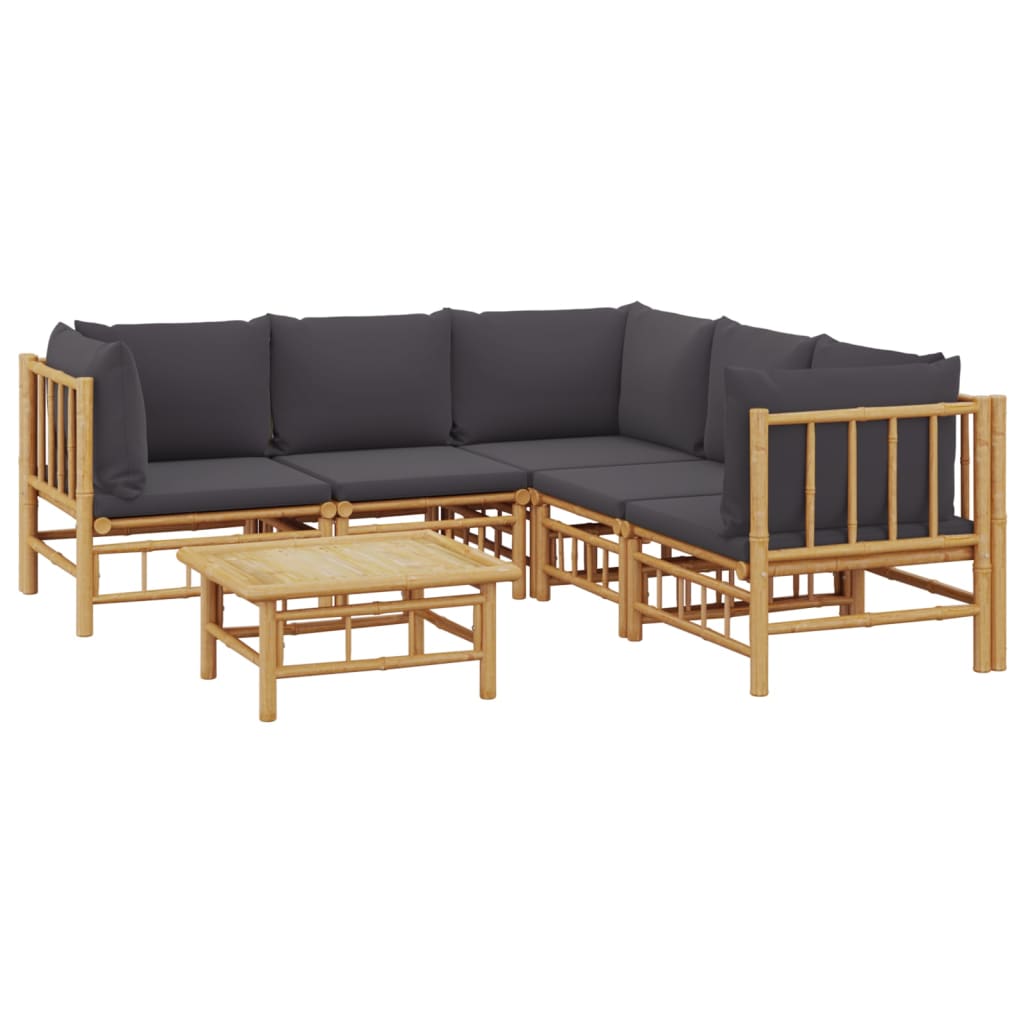 6 pcs conjunto lounge jardim bambu c/ almofadões cinza-escuro