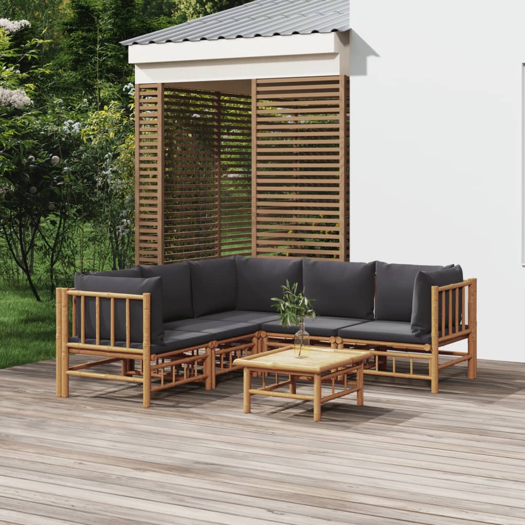 6 pcs conjunto lounge jardim bambu c/ almofadões cinza-escuro