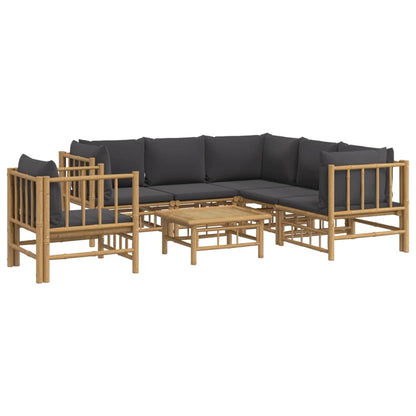 7pcs conj. lounge de jardim bambu c/ almofadões cinzento-escuro