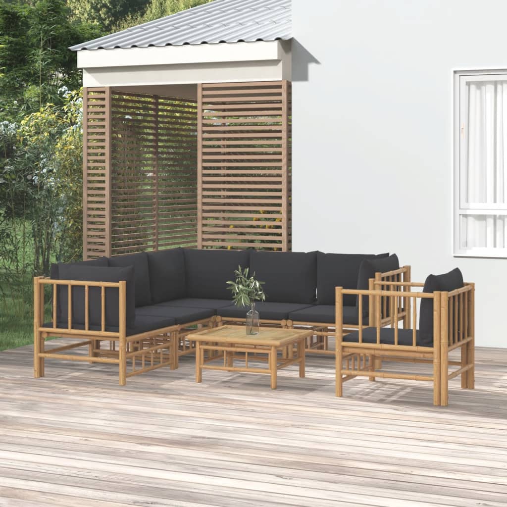 7pcs conj. lounge de jardim bambu c/ almofadões cinzento-escuro