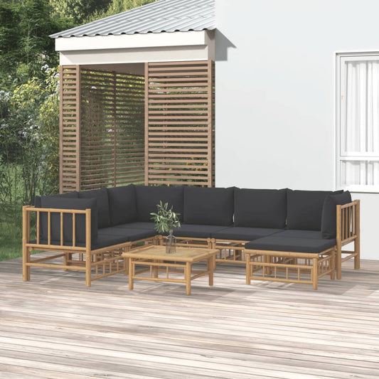 8pcs conj. lounge de jardim bambu c/ almofadões cinzento-escuro