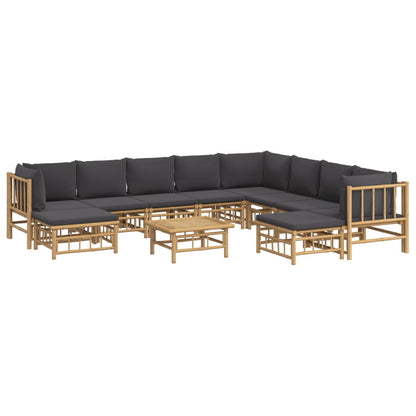 11pcs conj. lounge de jardim bambu + almofadões cinzento-escuro