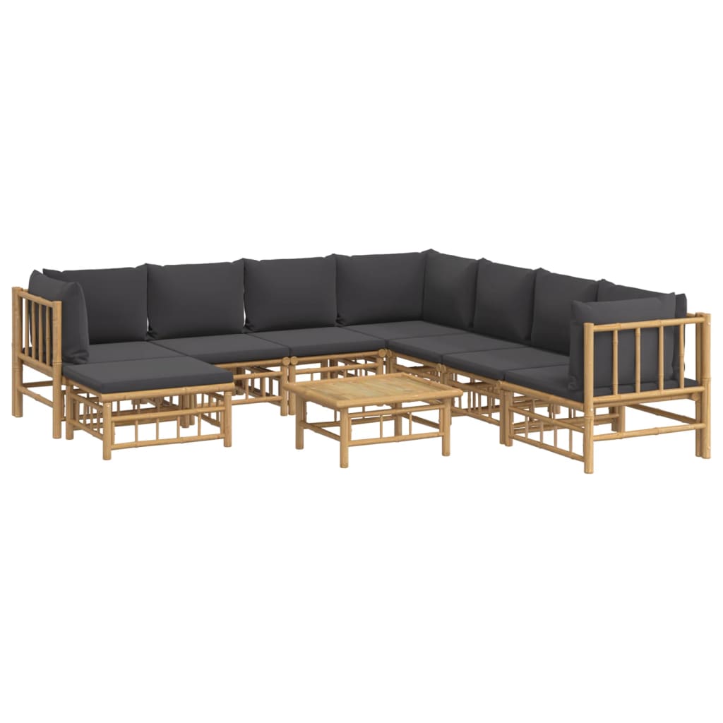 9pcs conj. lounge de jardim bambu c/ almofadões cinzento-escuro