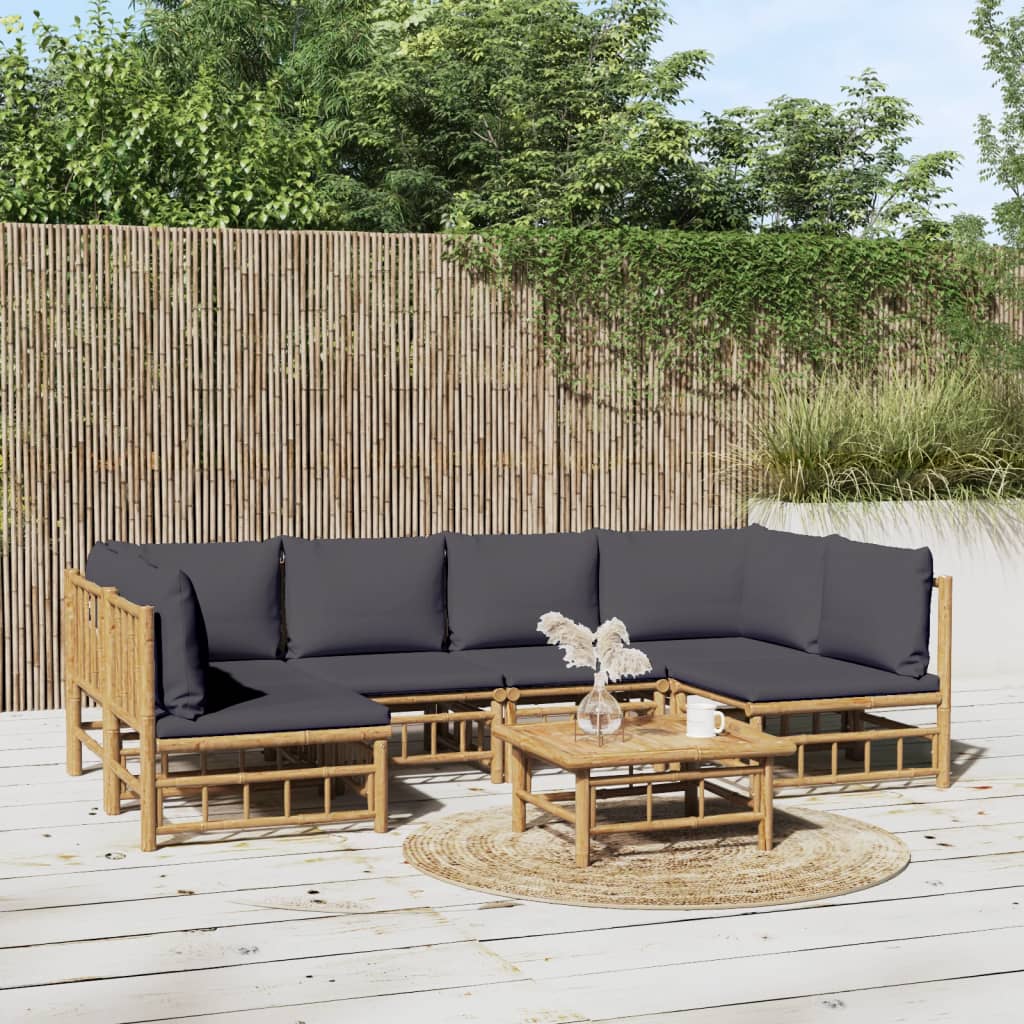 7pcs conj. lounge de jardim bambu c/ almofadões cinzento-escuro