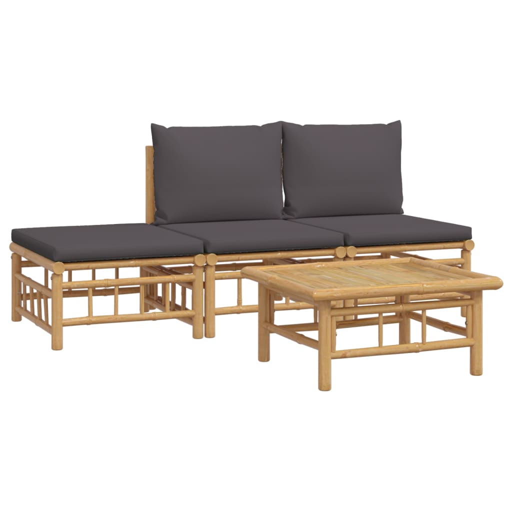 4pcs conj. lounge de jardim bambu c/ almofadões cinzento-escuro