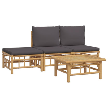 4pcs conj. lounge de jardim bambu c/ almofadões cinzento-escuro