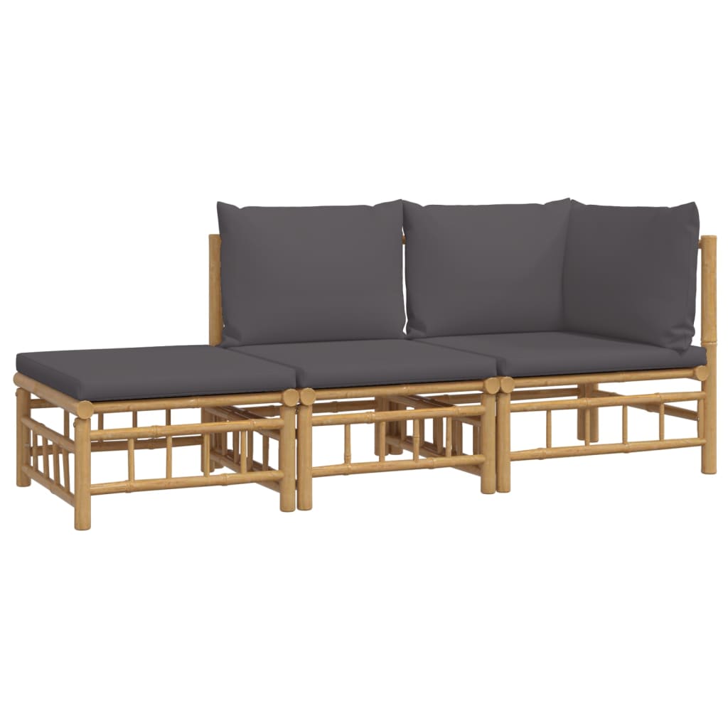 3pcs conj. lounge de jardim bambu c/ almofadões cinzento-escuro