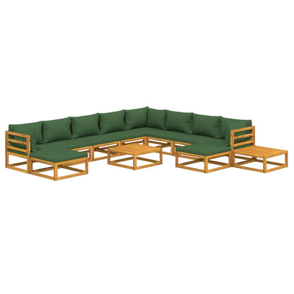 12 pcs conj. lounge jardim madeira c/almofadões verdes