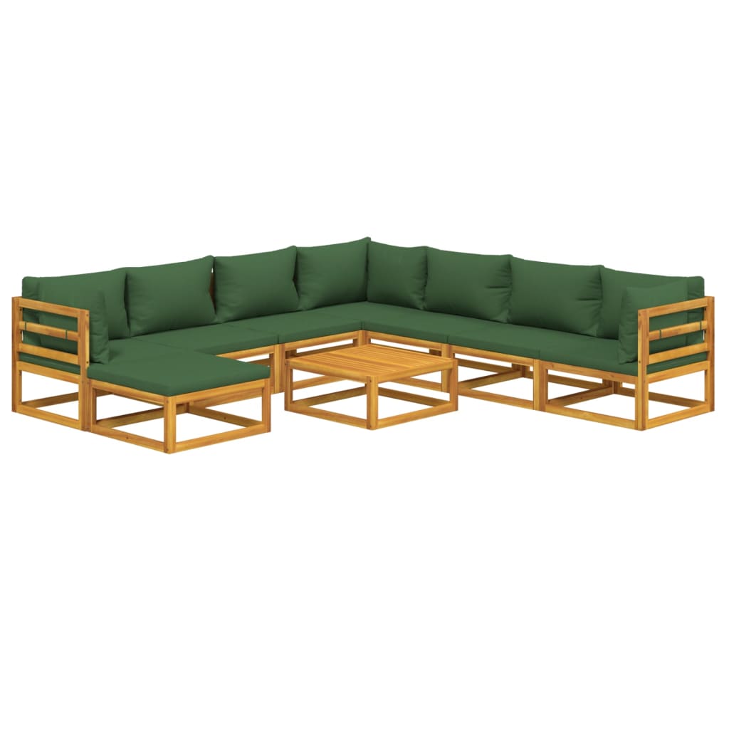 9 pcs conj. lounge jardim madeira c/almofadões verdes