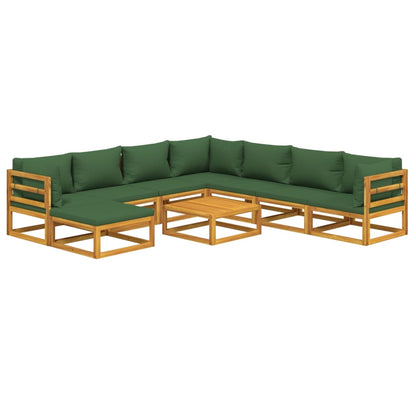 9 pcs conj. lounge jardim madeira c/almofadões verdes