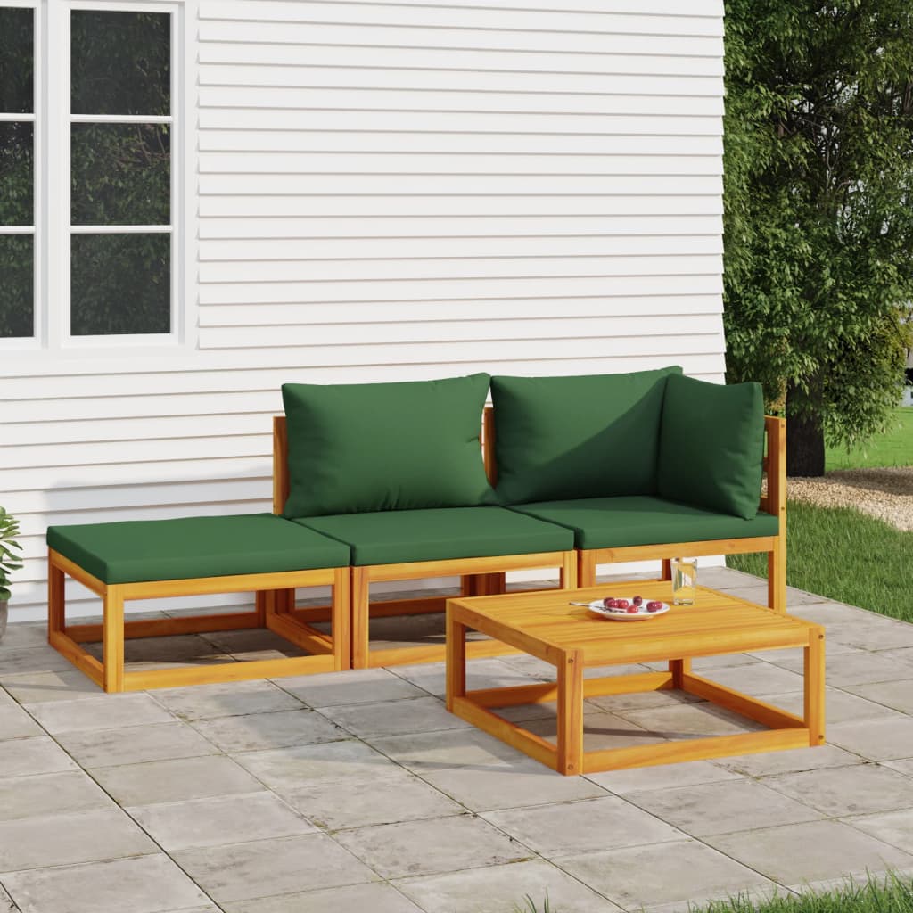 4 pcs conj. lounge jardim madeira c/almofadões verdes