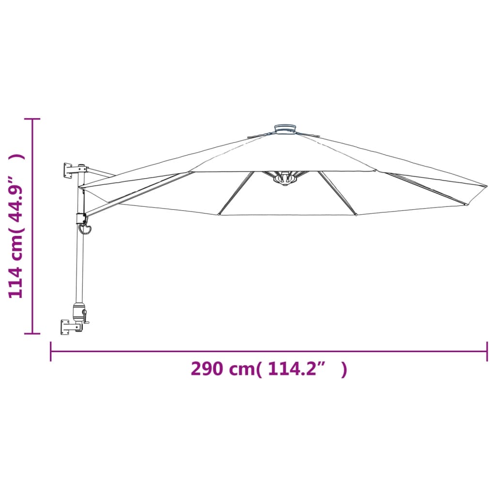 Guarda-sol de parede com luzes LED 290 cm azul-mar