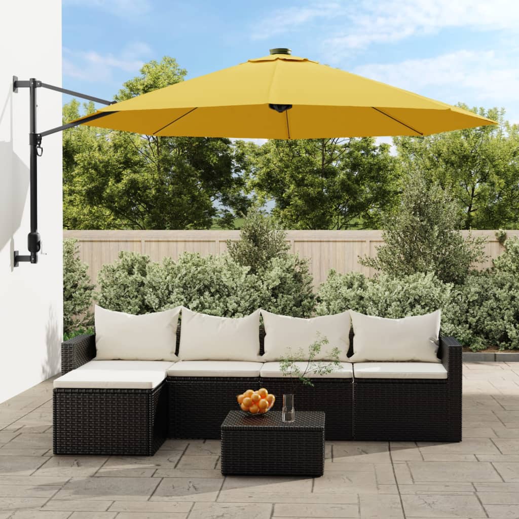 Guarda-sol de parede com luzes LED 290 cm amarelo