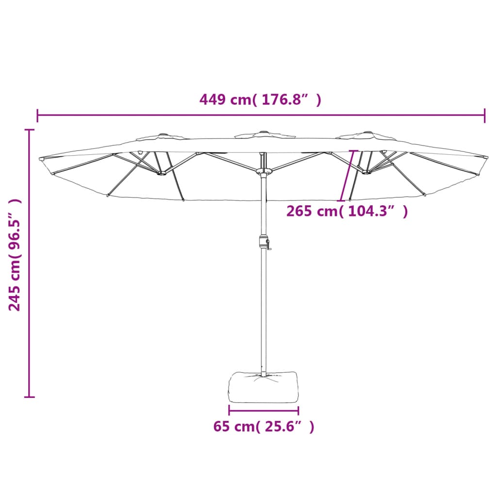 Guarda-sol com cabeça dupla e luzes LED 449x245 cm branco areia