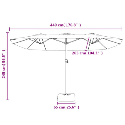 Guarda-sol com cabeça dupla e luzes LED 449x245 cm branco areia