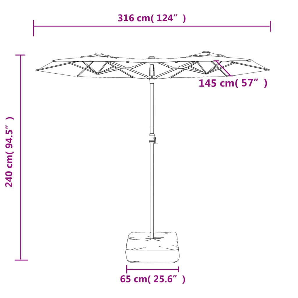 Guarda-sol Duplo com luzes LED 316x240 cm branco areia