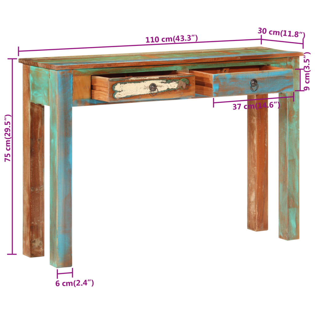 Mesa consola 110x30x75 cm madeira recuperada maciça