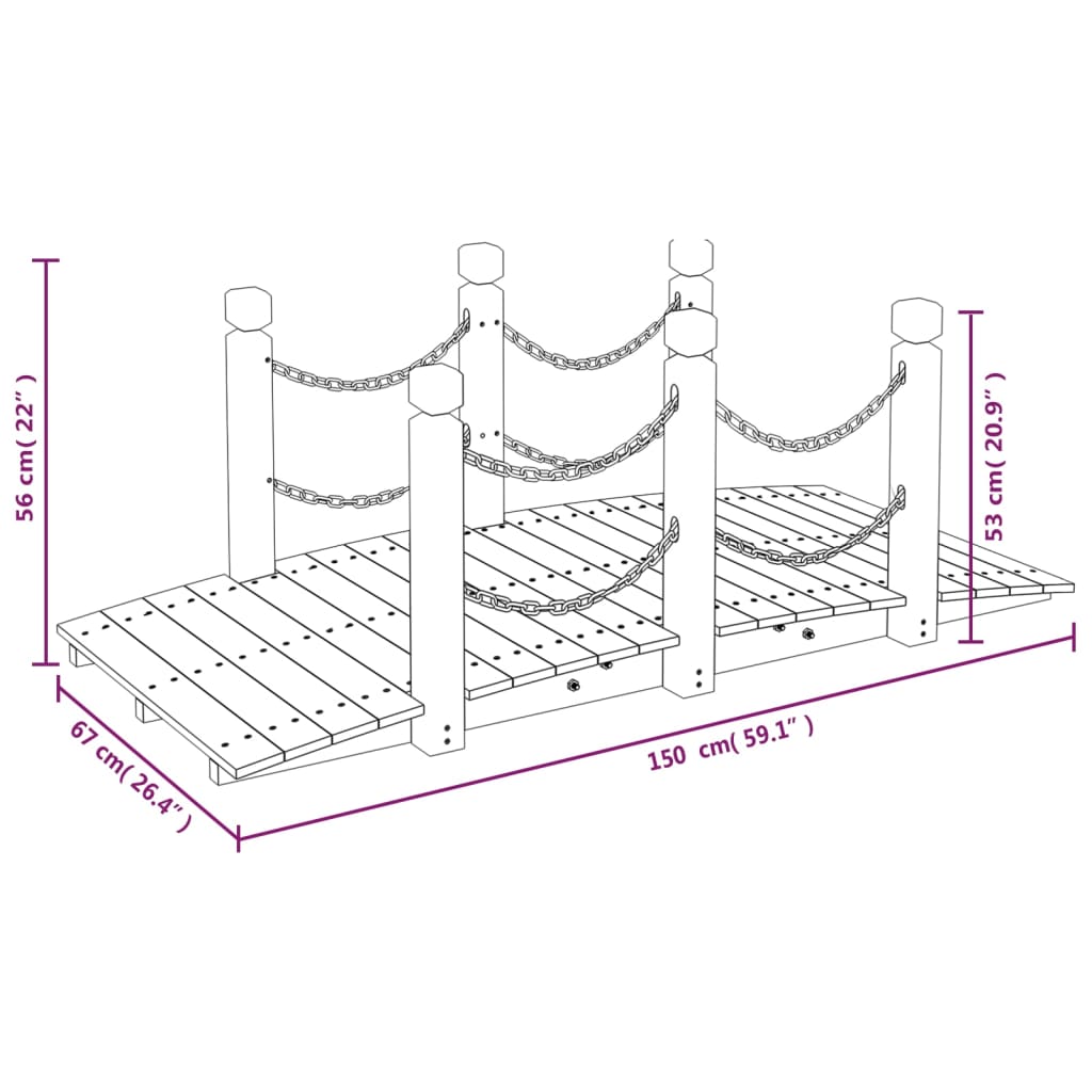 Ponte jardim c/ corrimões em corrente 150x67x56 cm abeto maciço